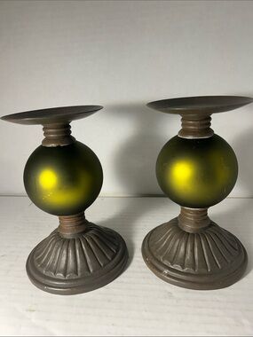 Only Olive Green Glass and Bronze Orb Candle Holders - Pair 7 inch H Vintage